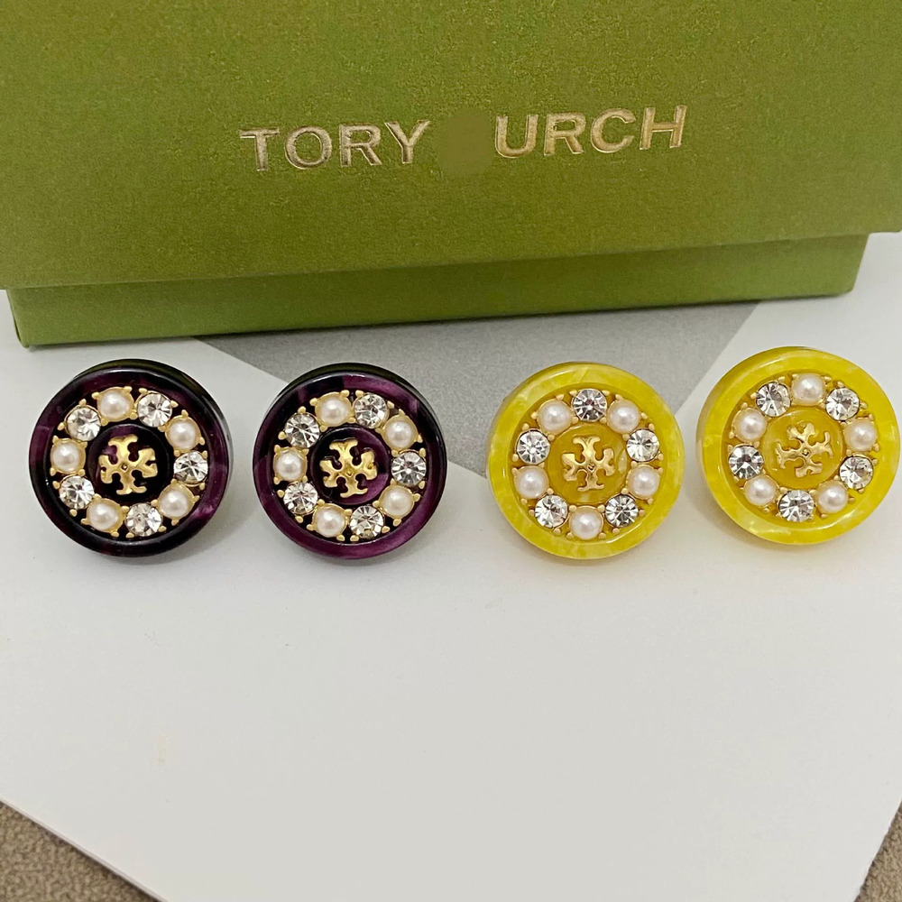 Tory Burch Inlaid Faux Pearl Zircon Geometric Round Resin Earrings